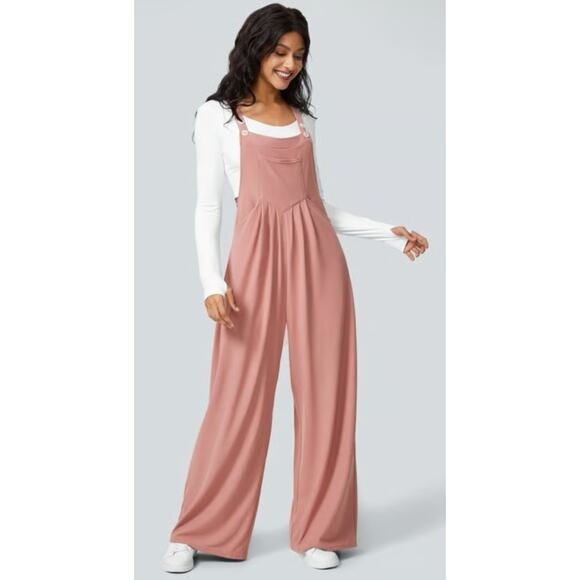 Halara Waffle Knit Overalls Jumpsuit Wide Leg Pink XL NWT - Picture 1 of 9